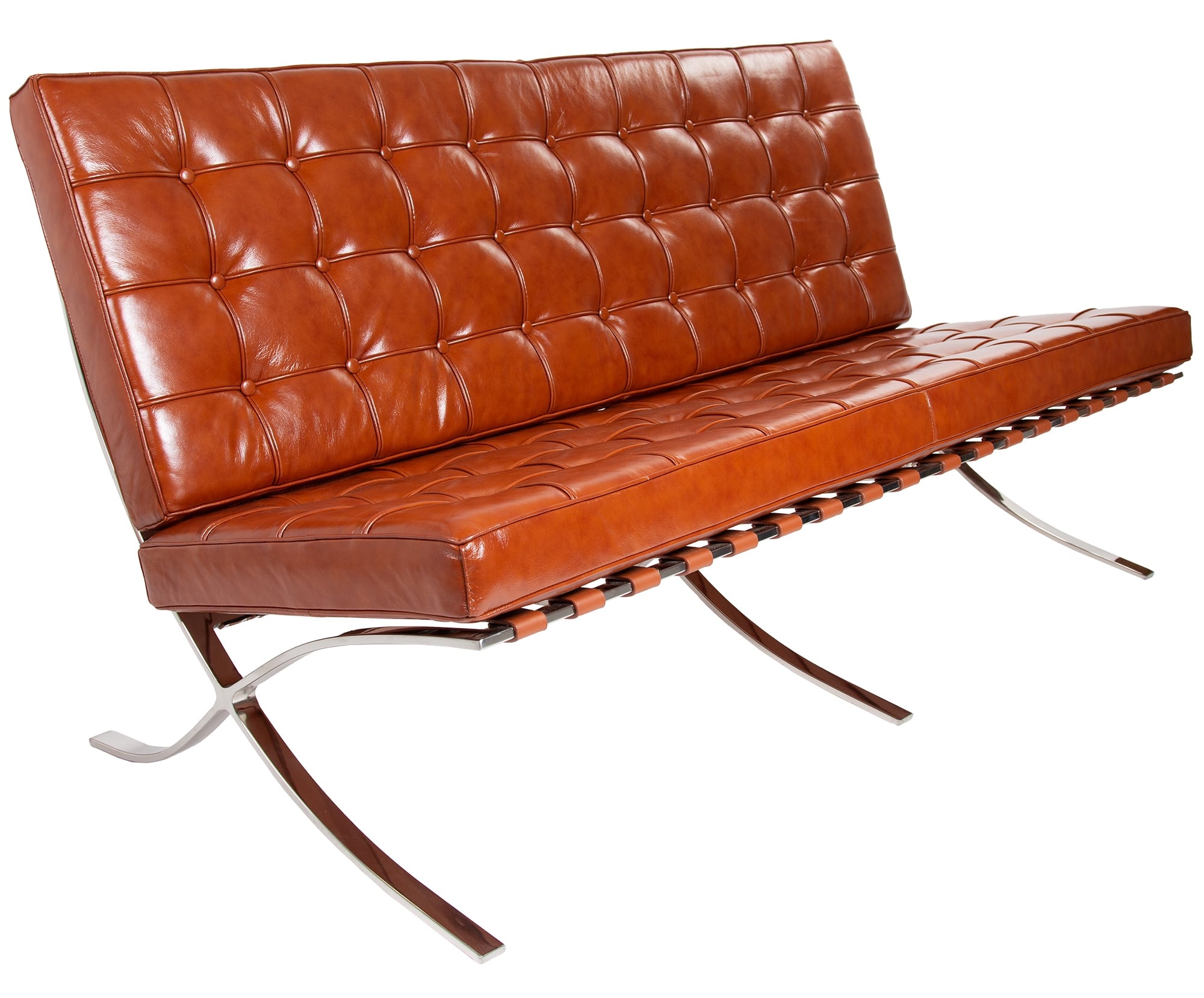 Ludwig Mies vd Rohe style, 2 seater sofa Barcelona Pavillion 2 seat sofa cognac