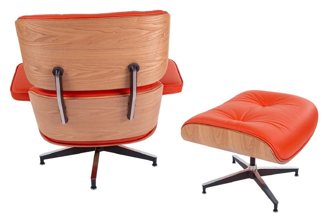 Charles Eames style, Lounge chair with Hocker EA670 SPECIAL EDITION red ash wood Black base